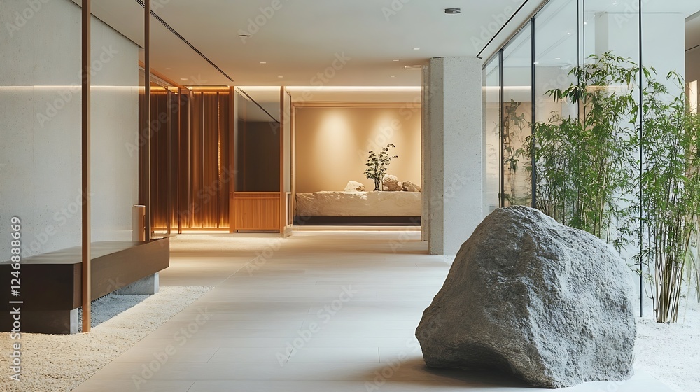 Aufkleber modern minimalist zen-inspired interior with natural stone and bamboo elements in tranquil open spac