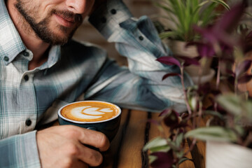 A young man enjoys a cup of specialty coffee with latte art to unwind from the work day. Copy space, close up.