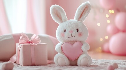 Fototapeta premium Adorable plush bunny holding heart with gift box in pastel pink room ambiance