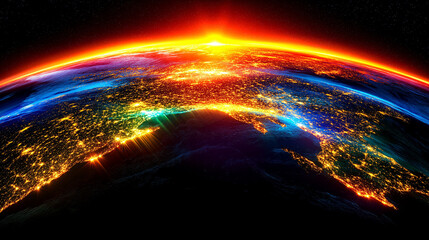 Obraz premium Planet Earth Sunrise: A breathtaking view of Earth bathed in the fiery glow of a sunrise. The vibrant colors and intricate detail highlight the planet's beauty and the power of nature. 