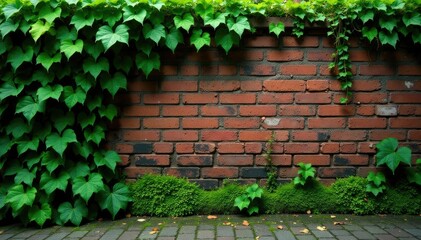 Dark green ivy hangs from brick wall with lush moss beneath, foliage, brick