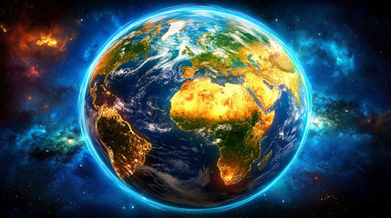 Obraz premium Fiery Earth: A vibrant, stylized image of planet Earth, ablaze with fiery hues and surrounded by a cosmic nebula. The continents are clearly visible, contrasting with the celestial backdrop. 