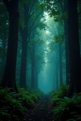 Fototapeta premium Dark forest with tall trees and overhanging branches, mysterious atmosphere, dense foliage, ferns