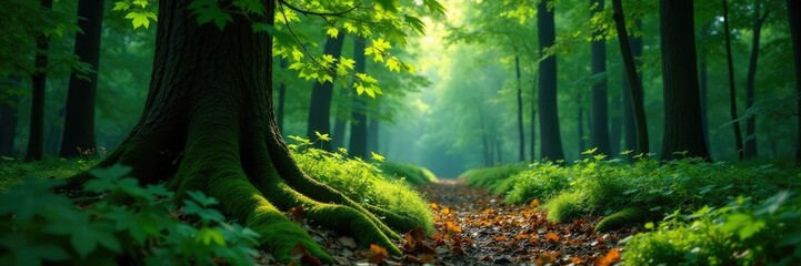 Dark forest floor with emerging green maple tree, tree, forest floor