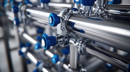 Close Up Of Industrial Piping System With Metal Tubes And Blue Valves