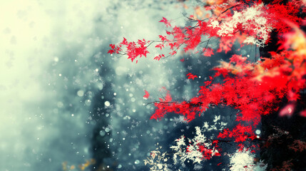 Autumn's Embrace: An ethereal image of a vibrant red maple leaf branch against a backdrop of soft, swirling mist.  The scene evokes a sense of calm and tranquility, captured in a dreamlike fashion.