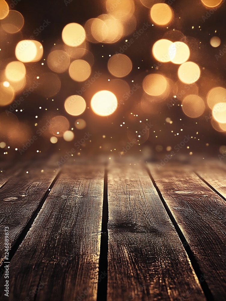 Poster Rustic Charm Wooden Floor with Golden Bokeh Light Sparkles in Warm Holiday Atmosphere : Generative AI
