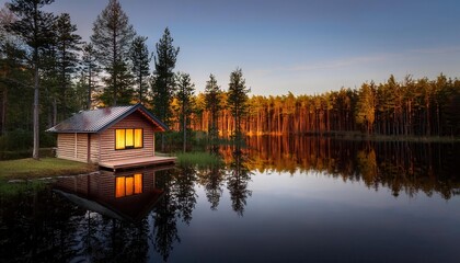 Vibrant summer evening glow over a tranquil lakeside cabin in the forest