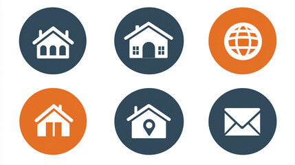 Six simple icons house, home, location, global, mail, contact.