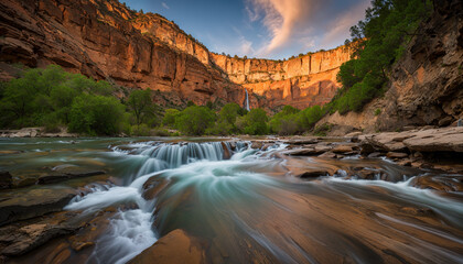 Breathtaking waterfall cascading into the river amidst the red rock cliffs of grand canyon national park during sunset