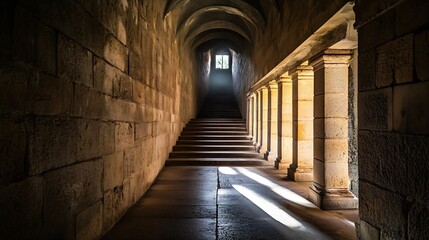 Obraz premium Mysterious Ancient Stone Corridor with Dramatic Shadows and Light Streaming Through Window : Generative AI