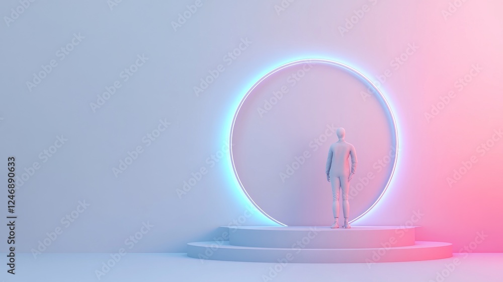 Poster futuristic figure in illuminated circular space.