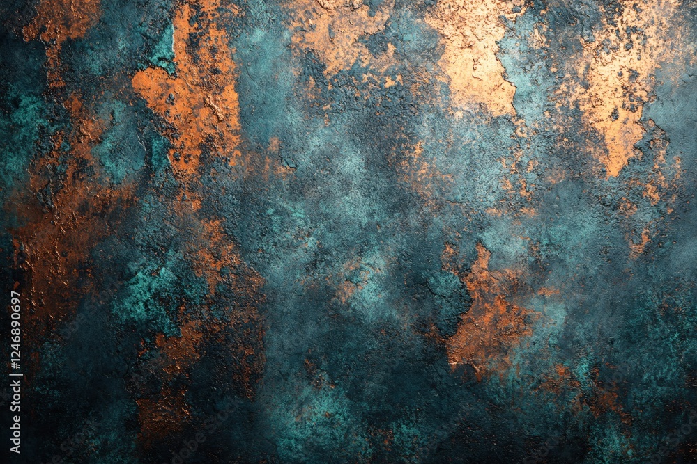 Poster abstract textured surface with copper and teal hues creating a rich and artistic backdrop
