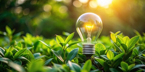 Minimalist Green Energy: Lightbulb & Plants, Sustainable Nature Concept