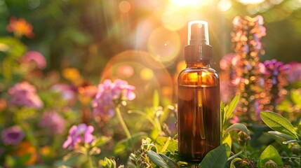 Natural allergy relief spray surrounded by colorful flowers in a bright, sunny setting