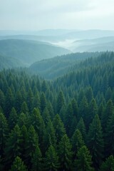 Fototapeta premium A vast expanse of misty spruce forest stretching towards the horizon, spruce, woodland, vast