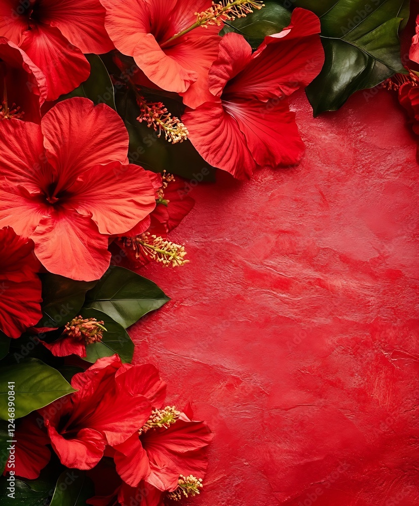 Poster vibrant red hibiscus flowers in blooming display against textured background : generative ai