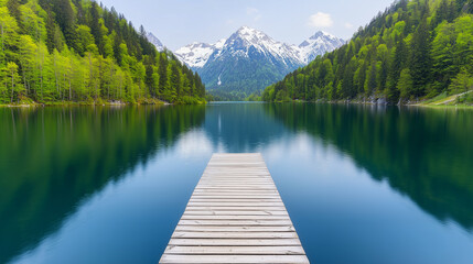 Fototapeta premium mountain lake at sunrise with a wooden pier