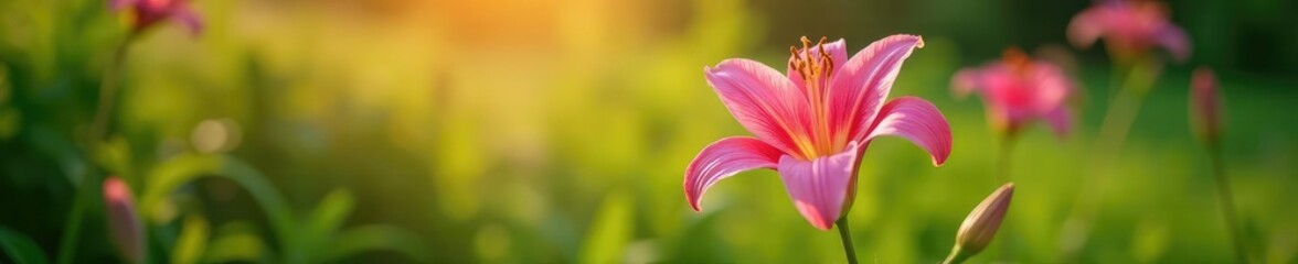 Fototapeta premium A stunning pink lily plant rises above the lush greenery in the sun, flowers, garden, nature