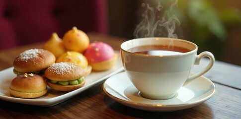 A teacup filled with steaming hot tea sits next to a plate of sweet treats and colorful sweets, tea, ambiance, closeup