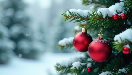 Obraz premium A snow-covered fir branch with sparkling baubles and holly berries, fir branches, evergreen trees