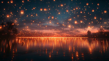 Naklejka premium Night sky lanterns festival lake reflection celebration