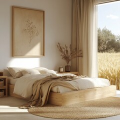 A bedroom with a bed, a picture on the wall, and a rug