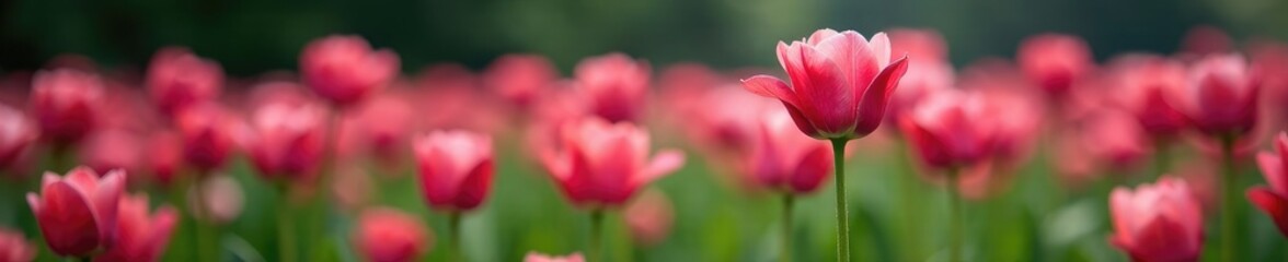 Obraz premium A single rose blooms amidst a bed of pink tulips and wet grass, flora, tulips, flowers