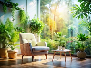 Fototapeta premium Minimalist Living Room: Cozy Chair, Plants, Double Exposure Photography