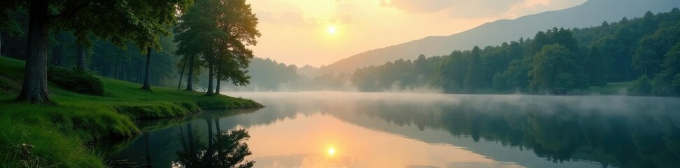 Obraz premium Towering trees and lush greenery surrounding a serene lake at dawn, serenity, , lake