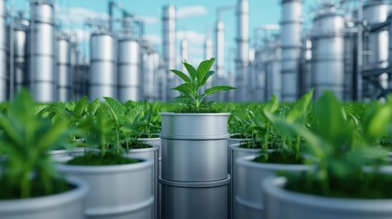 Fototapeta premium A vibrant green plant emerges from a silver barrel, symbolizing sustainability amidst an industrial background of towering structures.