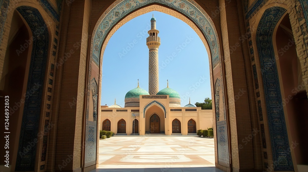 Poster majestic mosque courtyard architecture with intricate arches and minarets : generative ai