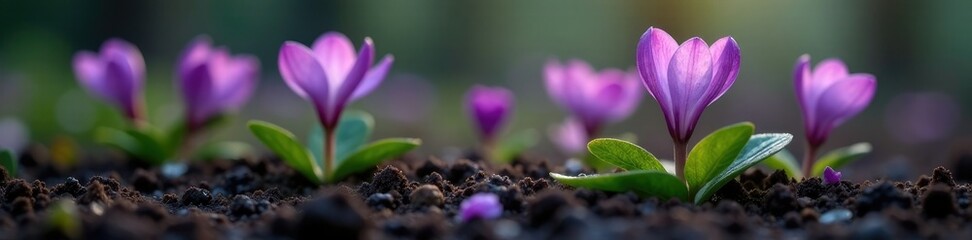 Tiny violet petals emerging from the damp earth, blooms, dew drops
