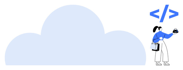 Woman with ponytail holding a smartphone, carrying a briefcase near a large cloud icon and code brackets. Ideal for cloud computing, coding, technology, data management, remote work, modern