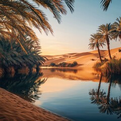 Palm trees standing tall in a vast arid desert landscape under a clear blue sky