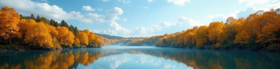 The yellow of autumn trees blends with the blue of the sky and water, forest, sky