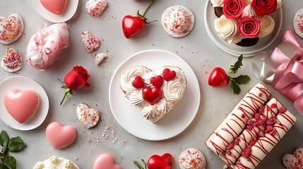 Fototapeta premium Valentine's Day Dessert Assortment with Heart Shaped Cakes and Roses : Generative AI