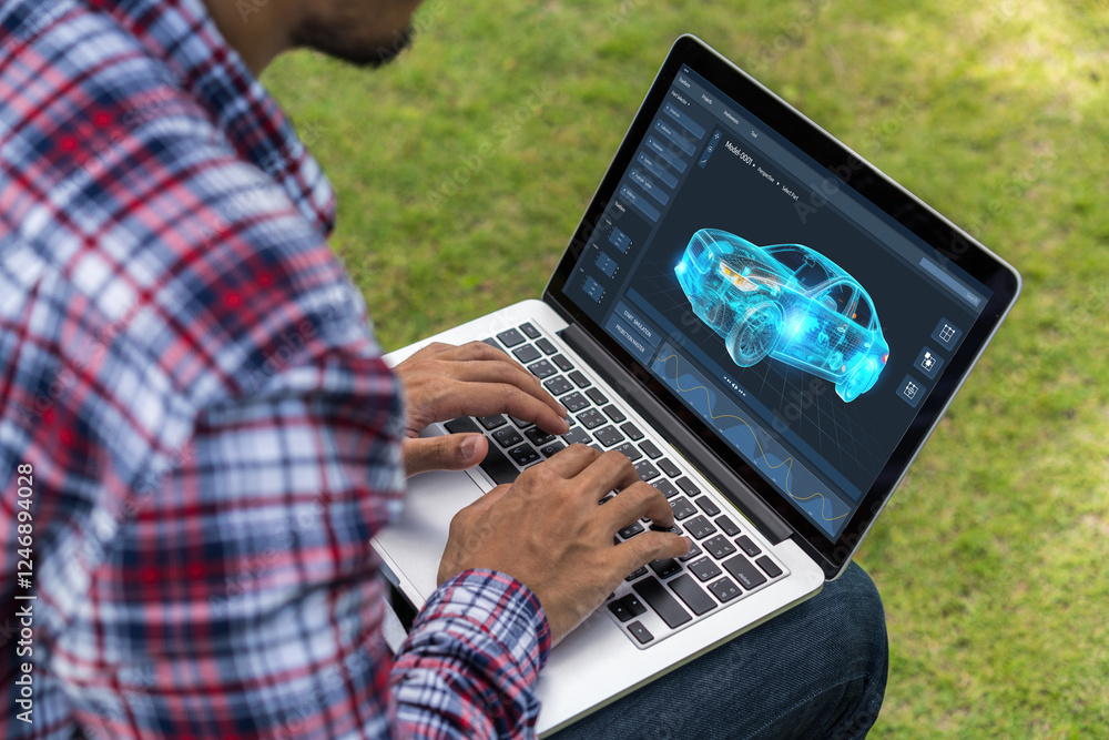 Poster electric car design software on computer screen showing simulation blueprint snugly by digital calcu
