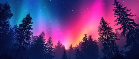 Enchanting aurora borealis lights up night sky above dark forest with vibrant colors and stars