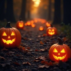 The air is filled with the warm glow of jack o lanterns on the ground, , candlelight, cozy