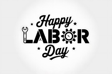 Happy Labor Day Black and White Illustration – Creative Typography with Wrench, Gear, and Industrial Elements on Light Background for Workers’ Day Posters, Banners, Cards, and Graphic Design Projects