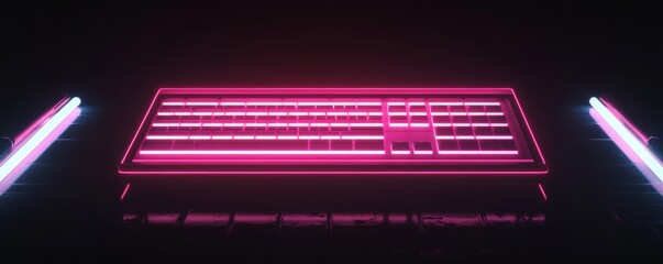 Obraz premium Futuristic neon keyboard illuminated in darkness.
