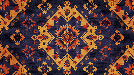 Dark blue textile with ethnic orange and yellow pattern.