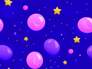 Fototapeta premium Cosmic Bubbles: A whimsical and playful pattern of pink and purple bubbles floating amidst a field of gold stars against a vibrant blue backdrop. Perfect for kids, textiles.