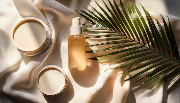 Summer skincare essentials amidst soft fabrics and fresh greenery for a refreshing experience