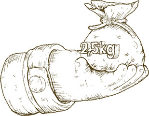 Hand Holding a 2.5kg zakat Bag - Sketch Style Illustration