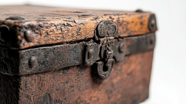 Old wooden treasure chest with rusty lock displayed against a plain backdrop