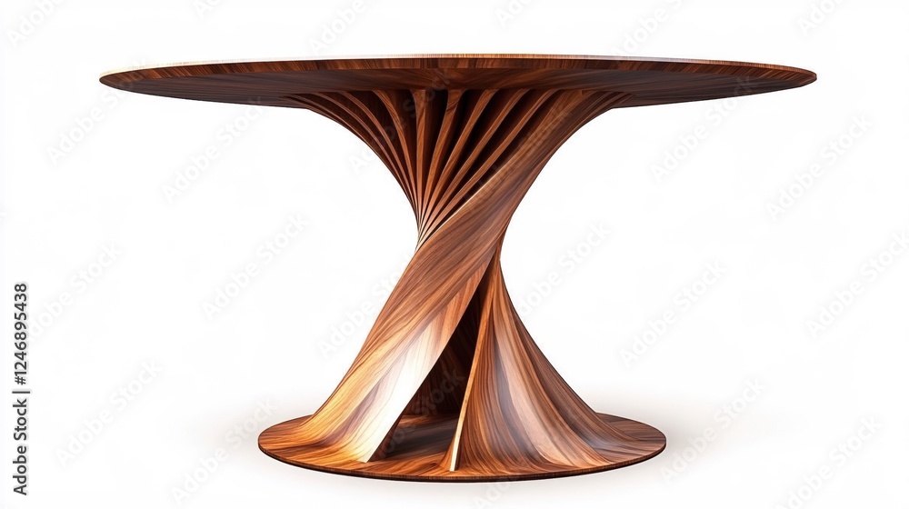Poster elegant wooden table with a unique twisted base design on a clean white background