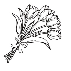 A bouquet of tulip tied together with a ribbon. The tulip are fully bloomed, coloring page 