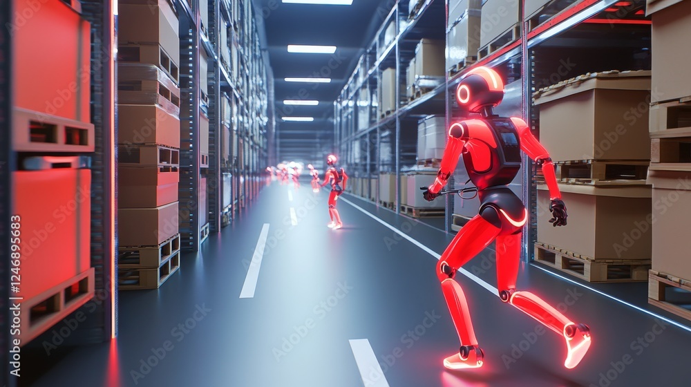Poster futuristic robots in automated warehouse.